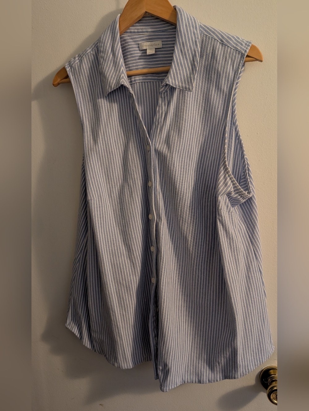 Charter Club Blue & White Striped Sleeveless Button-Up